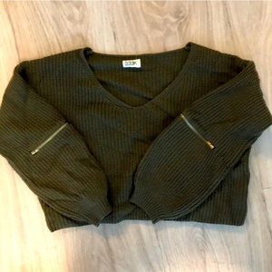 LF crop olive green sweater with zipper accent elbows